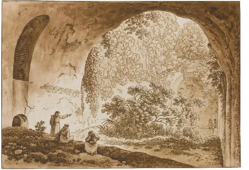 Tre monaci e altre figure tra le rovine della villa di Diocleziano